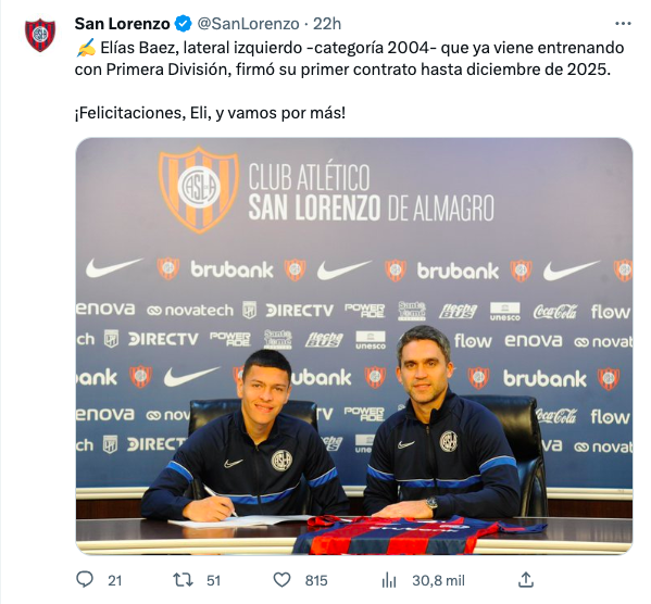 Elías Báez renovó con San Lorenzo