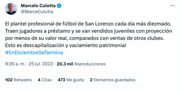 Culotta y su descargo sobre la venta de Martegani