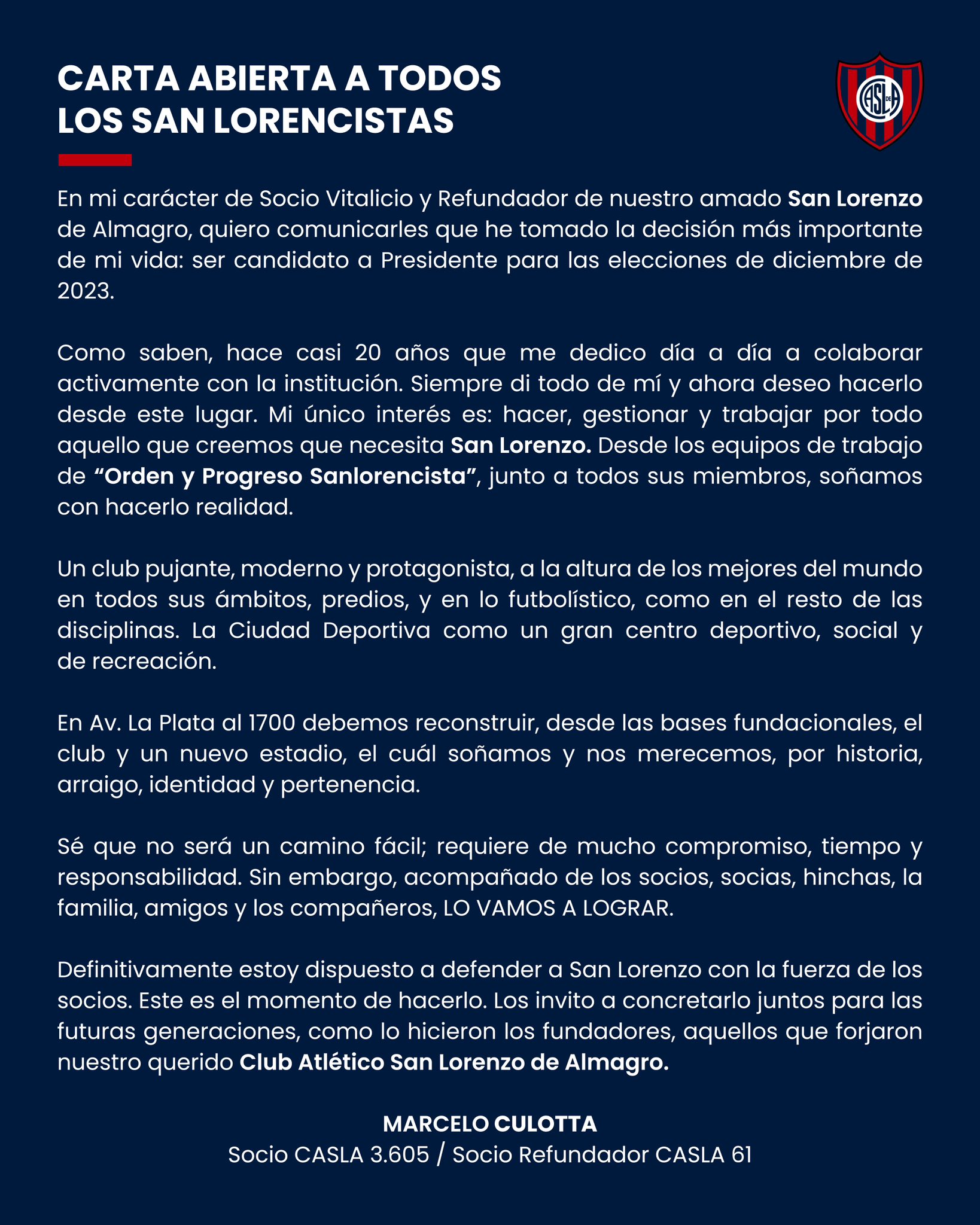 El comunicado de Marcelo Culotta