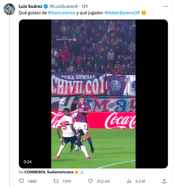 Luis Suárez en sus redes sociales para Adam Bareiro por su gol con San Lorenzo