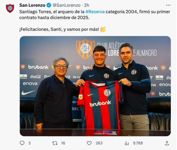 San Lorenzo le firmó contrato a Santiago Torres