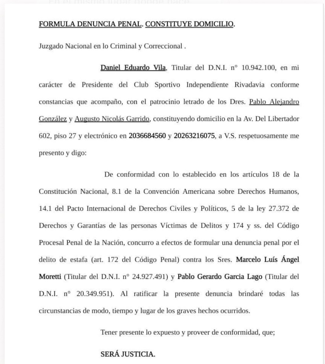 Denuncia de Vila por Matías Reali contra Moretti y García Lago