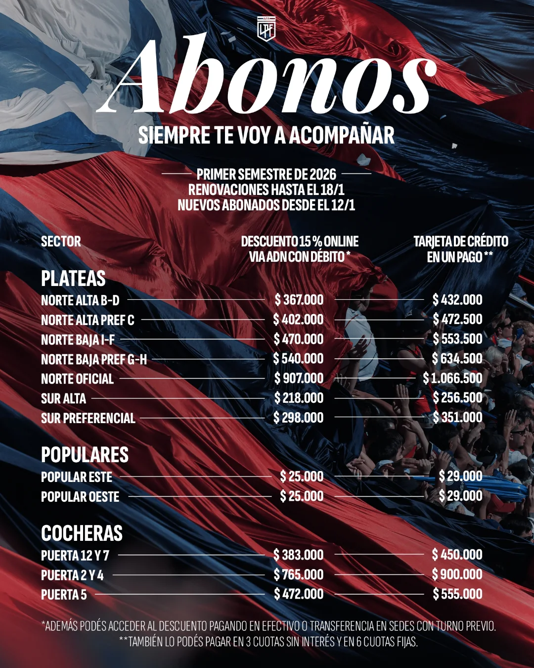 Precios de los abonos para el Torneo Apertura.